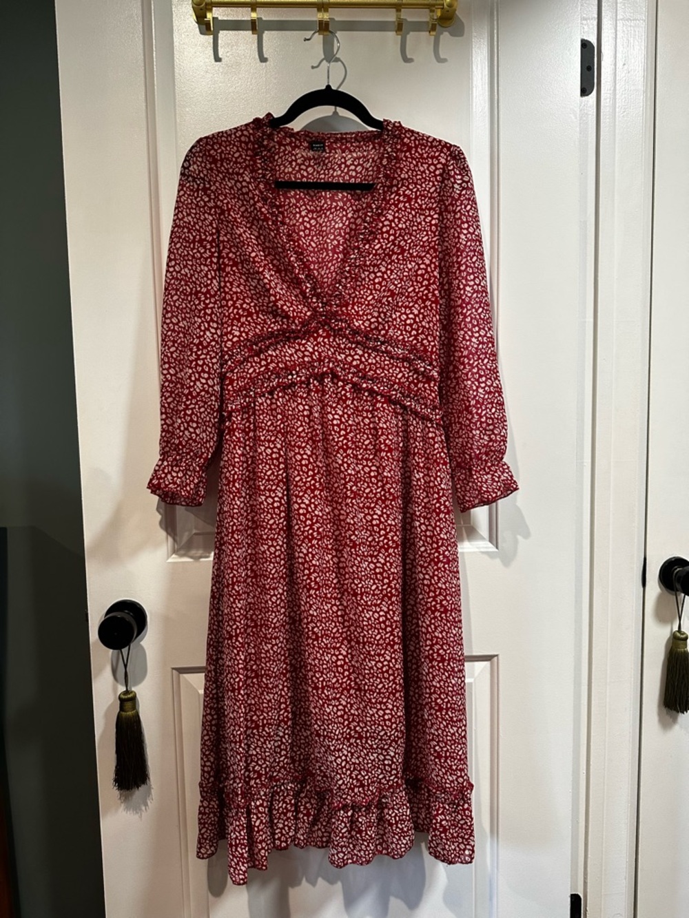 SHEIN Long-Sleeved Ruffle Leopard Midi Dress - Size Medium
